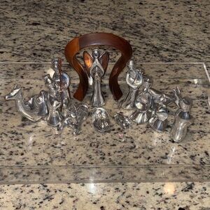 Nambe Silver Nativity Figurine Set with Brown Holder